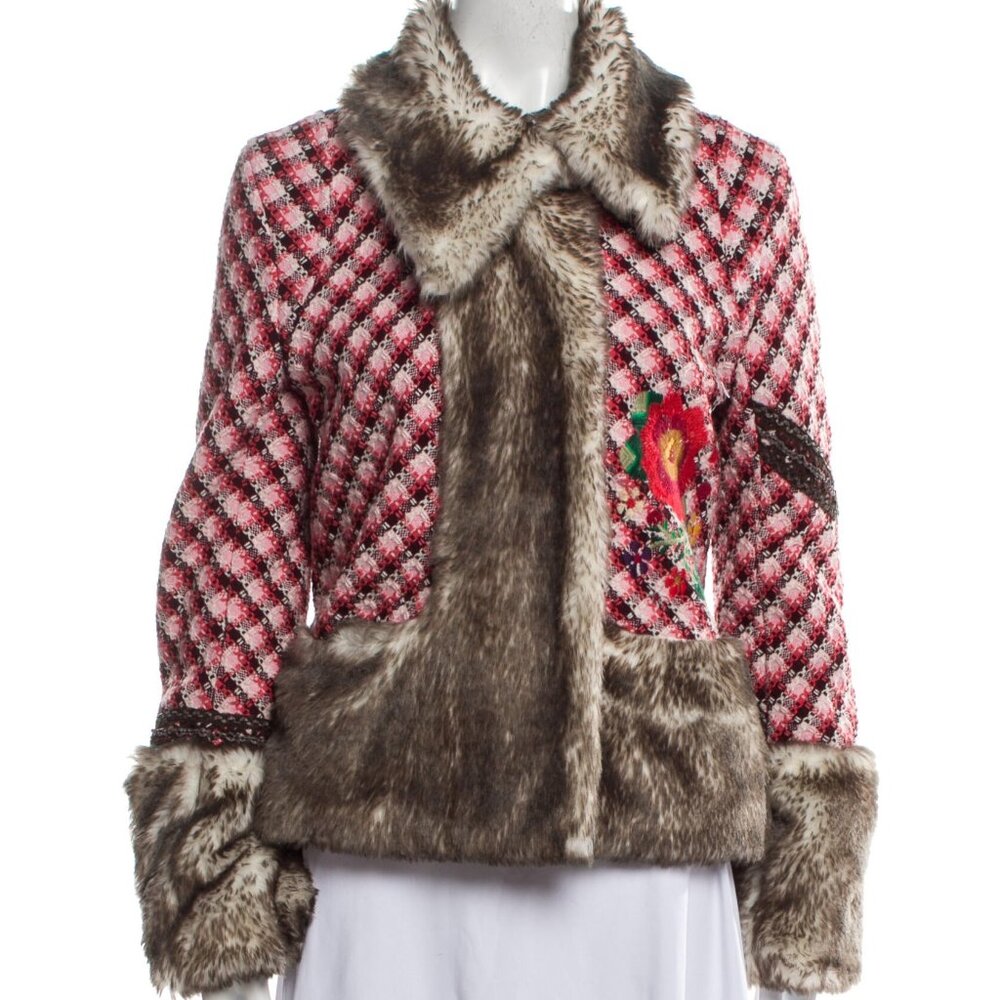 Oilily Plaid Print Faux Fur Coat